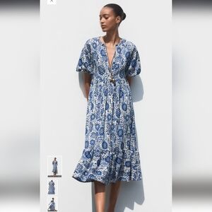 Zara Floral Blue and White Midi Dress